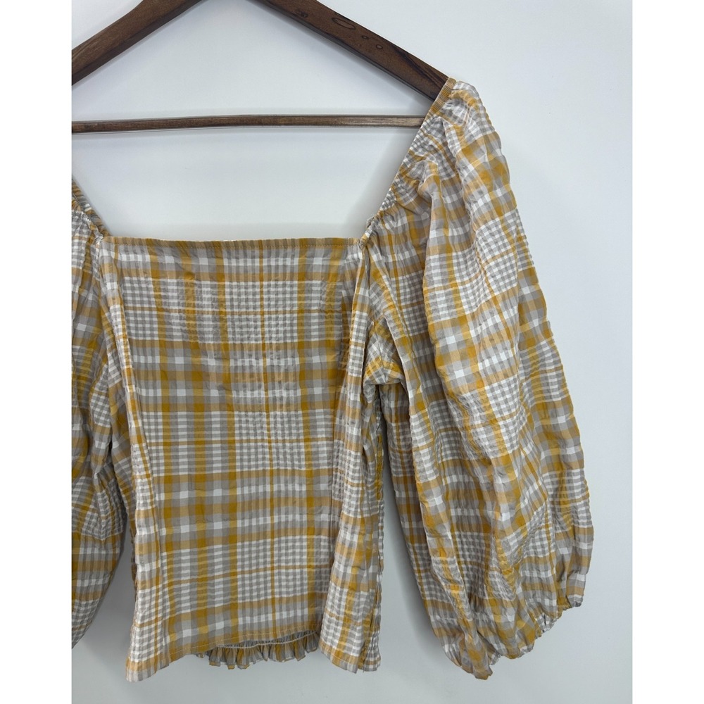 Maeve Anthropologie Gingham Plaid Smocked Puff Sleeve Ruffle Top XS Square Neck - Picture 11 of 13